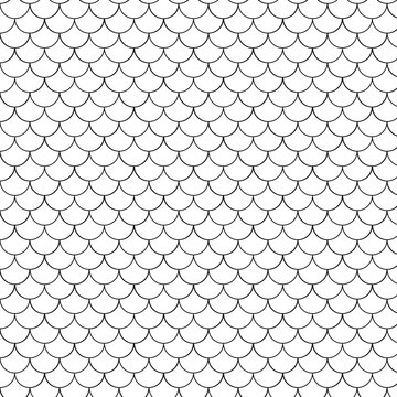 Fish scale seamless pattern. Mermaid, dragon, snake scales background. Fish, snake skin texture. Mermaid tail black line pattern. Japanese traditional ornament. Water wave, roof tiles flat wallpaper.