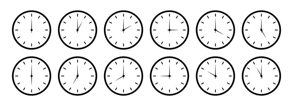Set of round clocks faces, stopwatch with different time. Clock hands icons.Time simple graphic circle sign, symbol. Watch face illustration. Noon, morning, evening time watch patterns. Hour icon.