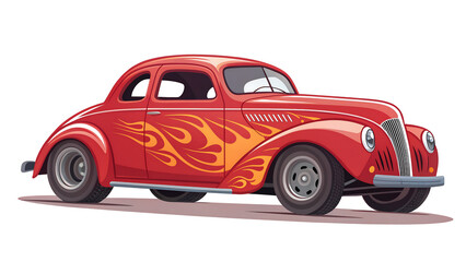 red racing car, 2D cartoon illustration of a hot rod car with flames painted on the sides, fast and classic, white background