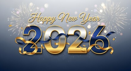 Happy new year 2026 celebration with golden ribbons and fireworks display