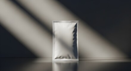 A blank silver foil pouch stands upright on a reflective surface with dramatic diagonal light and shadow patterns