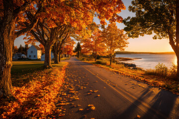 Autumn paved road lined with maple trees in peak fall foliage, golden leaves scattered along the road, distant view of charming autumn lake and coastline
