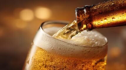 Close-up of golden beer being poured from a bottle into the top of a clear glass