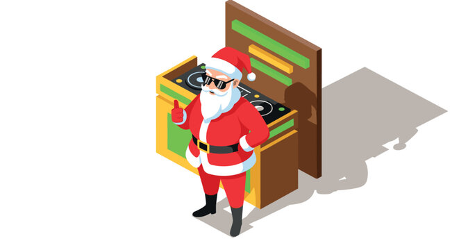 Cool santa dj spinning tracks on turntables for a festive party