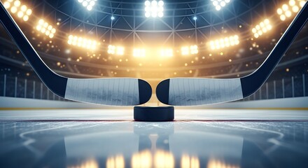 Close up of two hockey sticks and a puck on the ice under stadium lights
