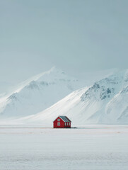 A red house in the middle of an icelandic landscape, with snowy mountains and a vast, flat, white snow field