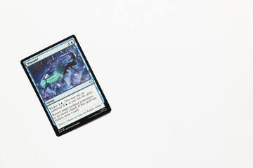 Obraz premium Bradford, UK Nov 3 2025 Whoosh! card from the Spider-man magic the gathering card game shot isolated on a white paper background.