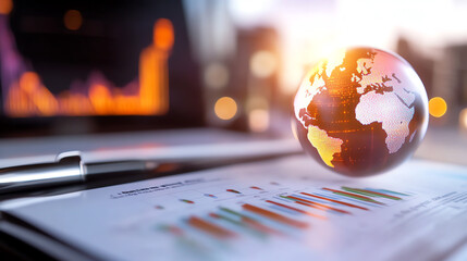 Business analytics with a globe overlay showcasing financial data and statistics for global markets.