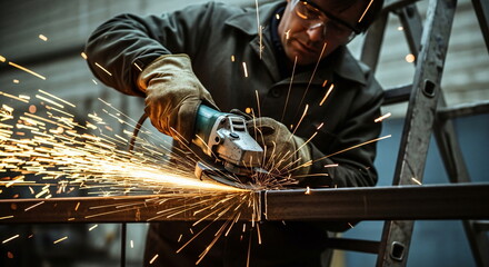 Man grinding metal with an angle grinder outdoors, producing sparks. Safety equipment, construction, and repair work in action footage.