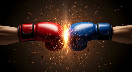Intense boxing match with red and blue gloves colliding in a dramatic explosion of sparks and light