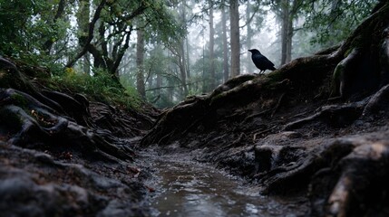 Obraz premium A solitary black bird perches on exposed tangled tree roots winding through a misty damp forest path