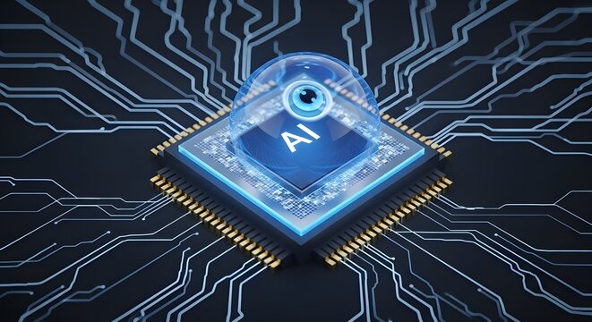 Futuristic ai chip glowing with blue light on a dark circuit board background representing artificial intelligence technology