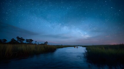 Kayakers navigate a serene waterway through a marsh under the starlit Milky Way