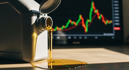 Oil pouring out of container with financial stock market chart on background, concept of oil prices footage