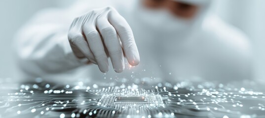 Scientist put a virtual computer microchip. Electronic circuit board. Hardware industry. Generative AI technology.