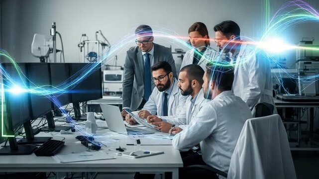 Scientists collaborating in a modern laboratory, analyzing data on computer screens with futuristic light effects