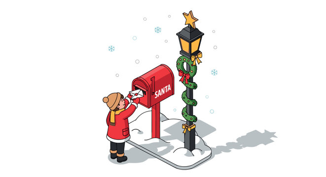 Child posting letter to santa in winter scene with festive decorations