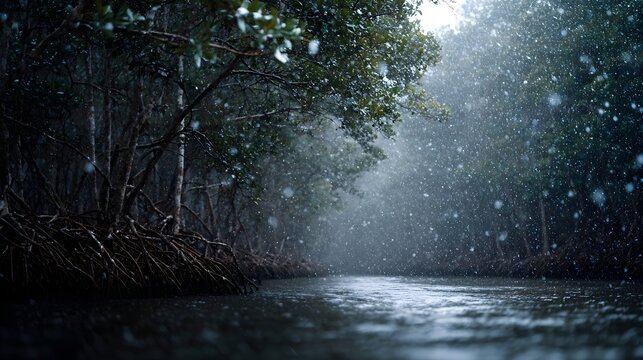 Dense forest waterway with exposed tangled roots shrouded in atmospheric mist and falling precipitation