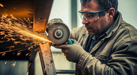 Man grinding metal with an angle grinder outdoors, producing sparks. Safety equipment, construction, and repair work in action footage.
