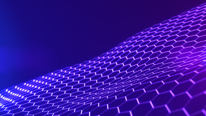 Abstract technology background of hexagons surface concept. Futuristic information technology concept. Data network. Digital technology. Gradient hexagon wave. Science, technology, cyberspace.