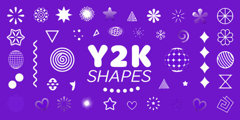 Collection of y2k aesthetic shapes and icons in white on a vibrant purple background