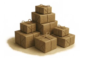 Stack of brown paper packages tied with string, ready for mail delivery or as rustic gifts. Transparent background