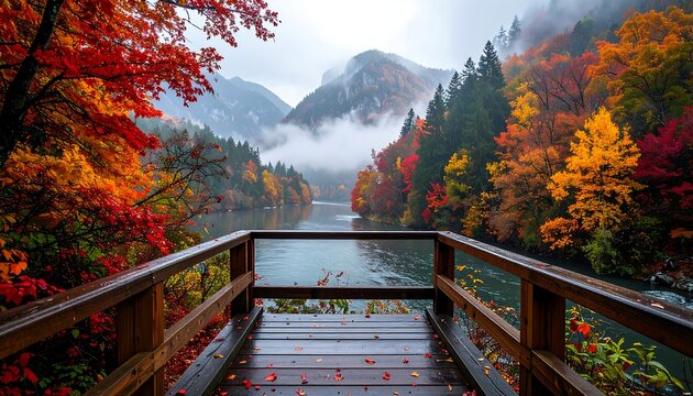 A picturesque autumn landscape with a wooden viewing platform overlooking a serene lake surrounded by vibrant fall foliage and misty mountains