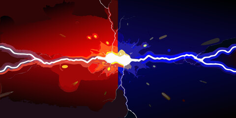 Abstract clash of red and blue energy lightning bolts colliding in a powerful explosion of light