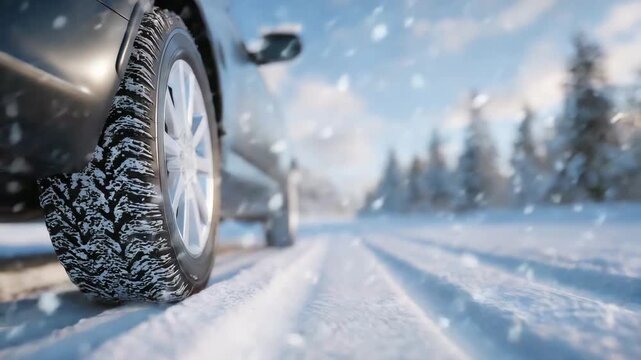 Tire rolling across winter road, shallow depth of field focusing on tread pattern, snow particles flying subtly, background blurred for copy space