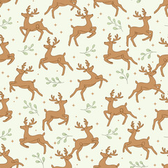 Christmas Reindeer Vector. Seamless Mistletoe Star Pattern with Reindeers. Cozy Festive Spirit seamless pattern Background