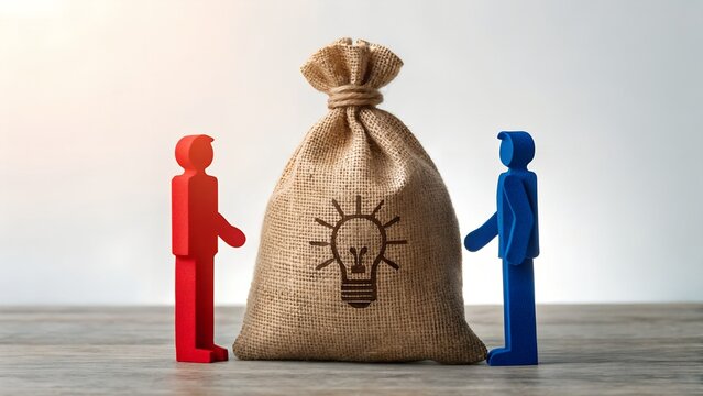 Red and blue figures facing idea sack – concept of intellectual property, idea exchange, negotiation, collaboration, and innovation