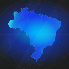 An illustration of Brazil map silhouette with glowing blue color gradient and surrounded by grid globe. Suitable for design element, background, or infographic.