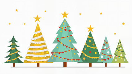 Illustration of various decorated Christmas trees with stars and ornaments, ideal for holiday design or festive themed projects.