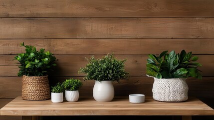 Fototapeta premium Cozy wooden living room with a rustic coffee table, warm beige tones, and greenery accents