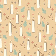 Obraz premium Modern Christmas Pattern Vector. Seamless Pattern winter Background with Candles, Leaves. Festive Holiday Wrapping Paper, Print, and Fabric.