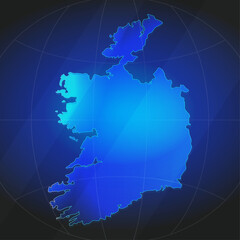 An illustration of Ireland map silhouette with glowing blue color gradient and surrounded by grid globe. Suitable for design element, background, or infographic.