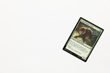 Naklejka premium Bradford, UK Nov 3 2025 Twisted Spider-clone card from Spider-man magic the gathering game shot isolated on a white paper background.