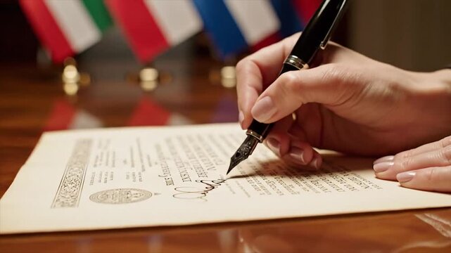 Signing Official Document Pen Writes on Paper Flags in Background.