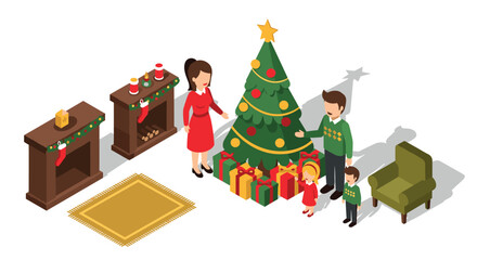 Family celebrating christmas by the tree in cozy isometric living room scene