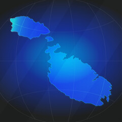 An illustration of Malta map silhouette with glowing blue color gradient and surrounded by grid globe. Suitable for design element, background, or infographic.