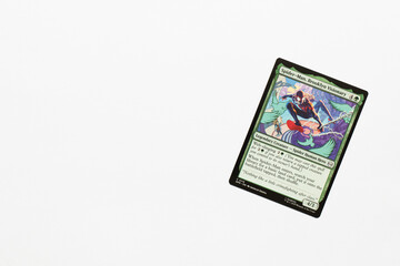 Naklejka premium Bradford, UK Nov 3 2025 Spider-man Brooklyn Visionary card from Spider-man magic the gathering shot isolated on a white paper background.