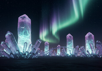 A mesmerizing digital artwork showcasing crystalline structures under the vibrant aurora borealis display.