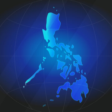 An illustration of Philippines map silhouette with glowing blue color gradient and surrounded by grid globe. Suitable for design element, background, or infographic.
