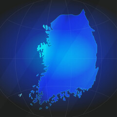 An illustration of South Korea map silhouette with glowing blue color gradient and surrounded by grid globe. Suitable for design element, background, or infographic.
