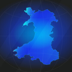 An illustration of Wales map silhouette with glowing blue color gradient and surrounded by grid globe. Suitable for design element, background, or infographic.