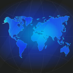An illustration of World map silhouette with glowing blue color gradient and surrounded by grid globe. Suitable for design element, background, or infographic.