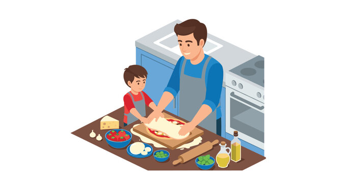 Father and son baking pizza together in isometric kitchen setting