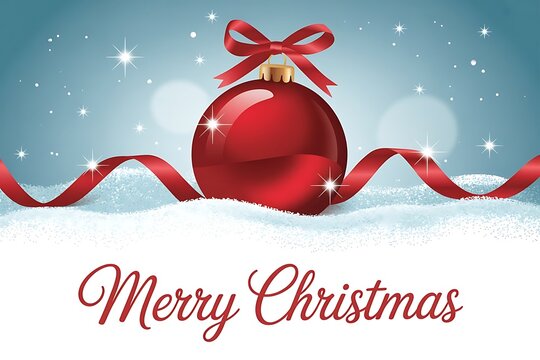 Merry christmas greeting card with red bauble, ribbon and snow on blue background