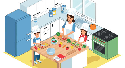 Obraz premium Family cooking together in modern kitchen isometric style