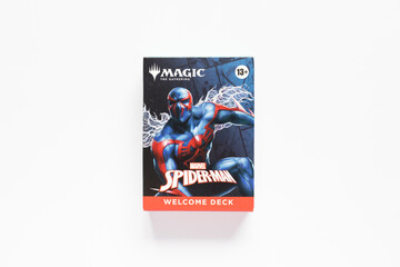 Naklejka premium Bradford, UK Nov 3 2025 Spider-man magic the gathering card game welcome pack shot isolated on a white paper background.
